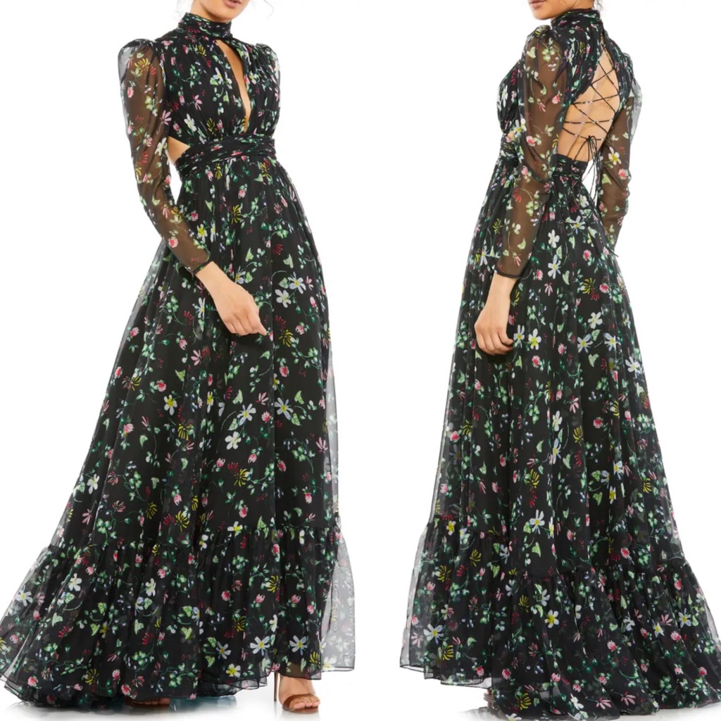 Mac Duggal Floral Chiffon Cutout Long Sleeve Gown Size 4